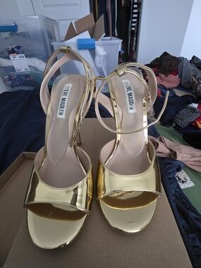 Steve Madden Gold Metallic Open-Toe Ankle-Strap Heels